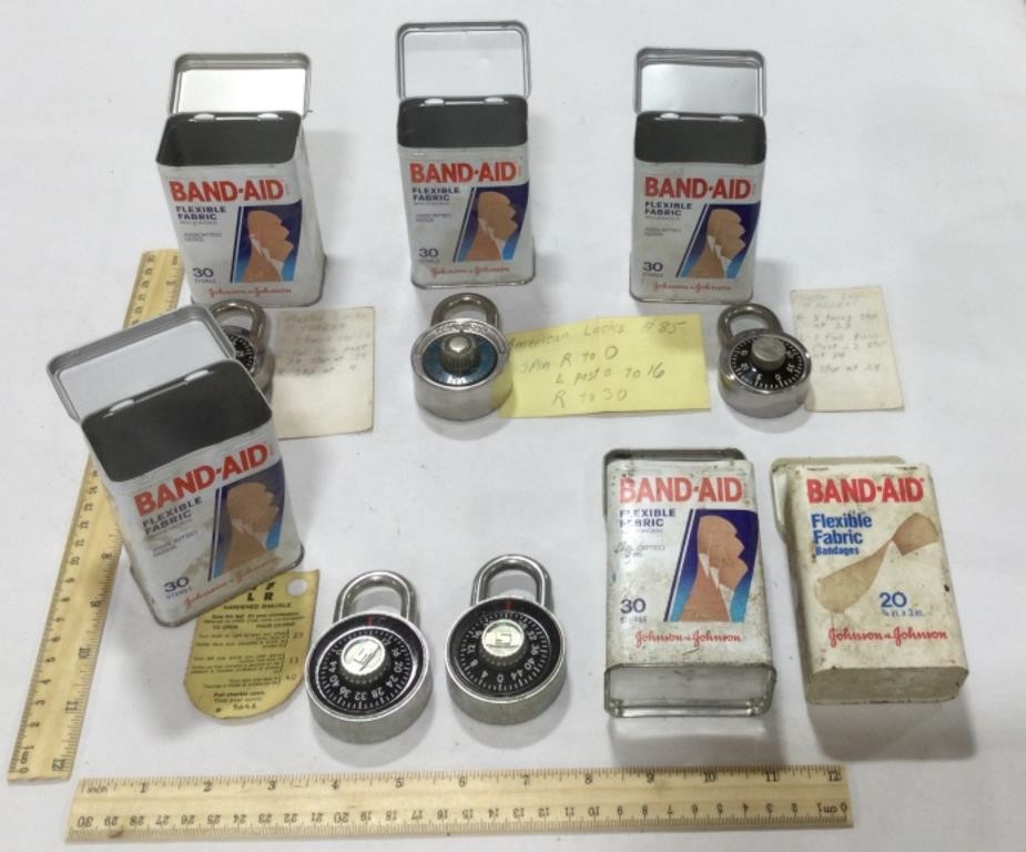 6 tin band aid boxes-w/ 5 combination locks &