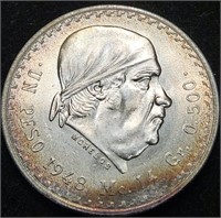 1948 MEXICO 1 PESO - 50% Silver BU TONED Peso