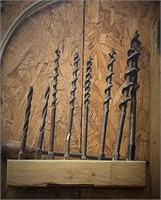 Assorted Vintage Drill Bits on Wood Stand