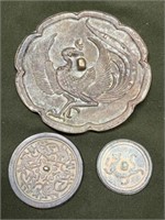 THREE METAL ASIAN COINS (LARGEST IS 5in W, PLEASE