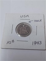 1843 Seated Liberty Dime w/ Hole