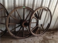 2-42" wood vintage wagon wheels, one broken