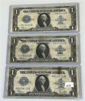 Set of 3 1923 Silver Certificate $1 Bank Notes.