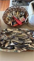 Two baskets of kitchen gadgets & knives,