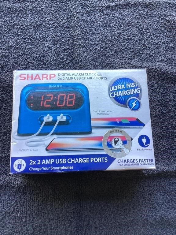 G1) sharp digital alarm clock with 2 x 2 amp USB
