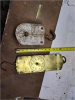 Brass scale , wood and metal  pulley