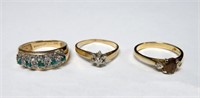 3-14k gold rings w. diamonds & semi precious