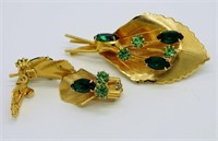 Vintage Leaf Brooch & Earrings-Uranium Glass Rhine