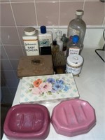 Vintage Bathroom items tins, bottles, brushes,