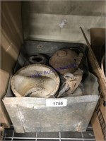 METAL BOX--OLD CROCKS(CHIPS), BLOW TORCH, OTHER