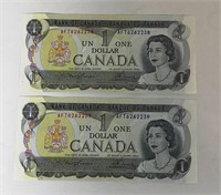 2 CONSECUTIVE  CANADIAN ONE DOLLAR BILLS