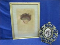 small metal pic frame & 1908 girl print