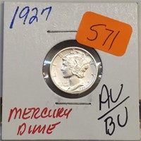 1927 90% Silver AU/BU Mercury Dime 10 Cents