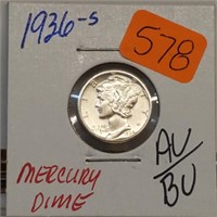 1936-S 90% Silver AU/BU Mercury Dime 10 Cents