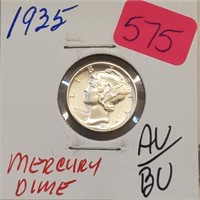 1935 90% Silver AU/BU Mercury Dime 10 Cents