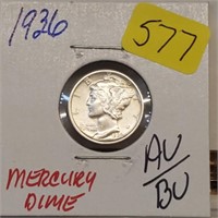 1936 90% Silver AU/BU Mercury Dime 10 Cents
