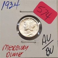 1934 90% Silver AU/BU Mercury Dime 10 Cents