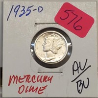 1935-D 90% Silver AU/BU Mercury Dime 10 Cents