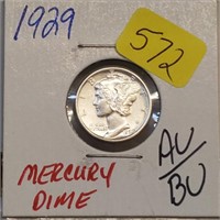1929 90% Silver AU/BU Mercury Dime 10 Cents