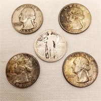 5 Silver Quarters Stdg Liberty & Wash