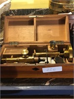 Antique Brass Microscope in Wooden Box
