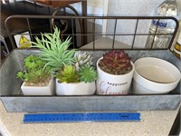 Metal tray filled with artificial succulents