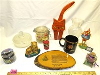 Lot: Wooden Cat, Diamond Cut Powder Jar, Lions Clb