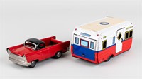 MASUDAYA TIN TOY VINTAGE TRUCK AND CAMPING TRAILER