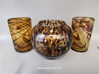 Tortoise Shell Rose Bowl & 2 Blown Glass 5"H Vases
