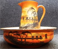 Asian Decorated Basin / Bowl & Water Pitcher