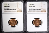 1936 & 1941-S LINCOLN CENTS NGC MS66 RD