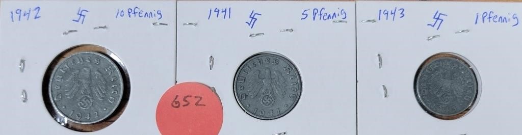1941,42,43 GERMAN WWII PFENNIG COINS