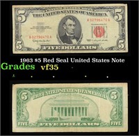 1963 $5 Red Seal United States Note Grades vf++