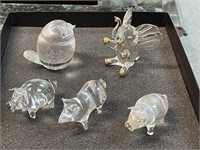 5 Small Glass Animal Figurines, Pigs, More
