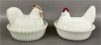 Two Vintage Milk Glass Hen on a Nest
