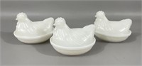 Three Vintage Milk Glass Hens On A Nest