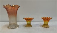 Amberina Orange Fluted Candleholders & Vase