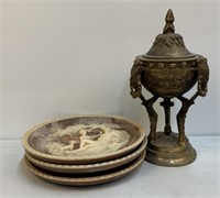 Cast Metal Urn & (3) Decorator Plates