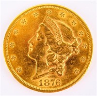 Coin 1876-S Liberty  $20 Gold Coin Unc.