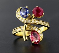 14kt Gold Pink-Blue Sapphire/Ruby - Diamond Ring