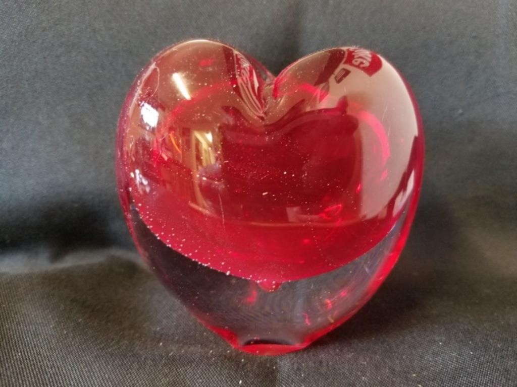 Blown Glass Clear and Red Heart with Sparkles