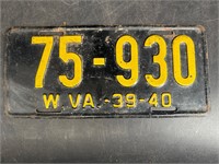 1939-40 WEST VIRGINIA LICENSE PLATE #75930