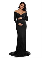 (Black, Large) ZIUMUDY Maternity Fitted Gown V