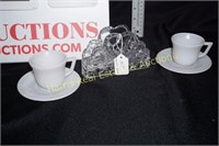 GLASS NAPKIN HOLDER AND 2 TEA CUPS WITH SAUCERS