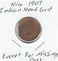 Nice 1907 Indian Head Cent Except for Missing