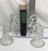 C4) PAIR OF GLASS HORSE BOOKENDS W/CANDLE HOLDER,