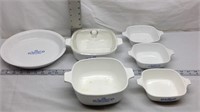C4) CORNING WARE BLUE WILLOW, 7 PIECES TOTAL, ONE