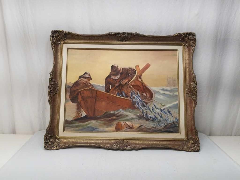 Old Fisherman & Dory Original Oil Painting