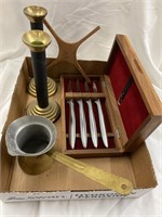 Box with two candle stands , set of steak knives