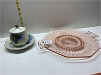 PINK DEPRESSION HANDLED DISH, HAND PAINTED